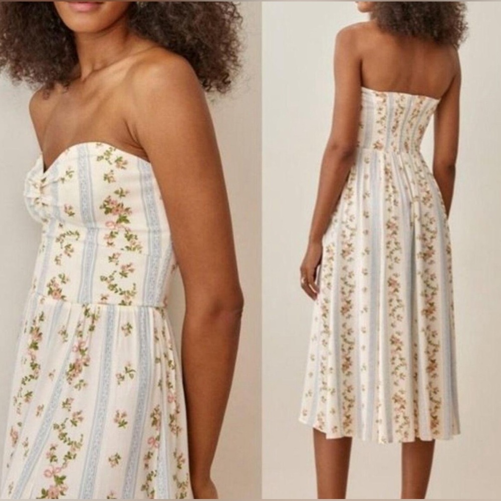 Reformation Floral Strapless Midi Dress - Cream and Pink